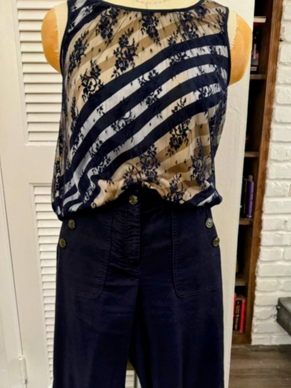 Ann Taylor Navy and Beige Lace-Stripe Sleeveless Camisole